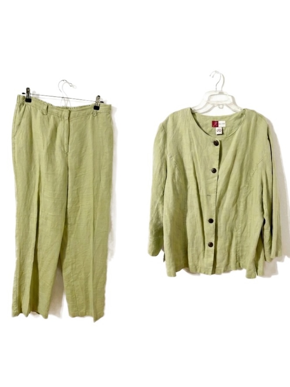 JM Collection Petite Lime Green Linen 2-Piece Set – Cardigan & Pants – Size 12P